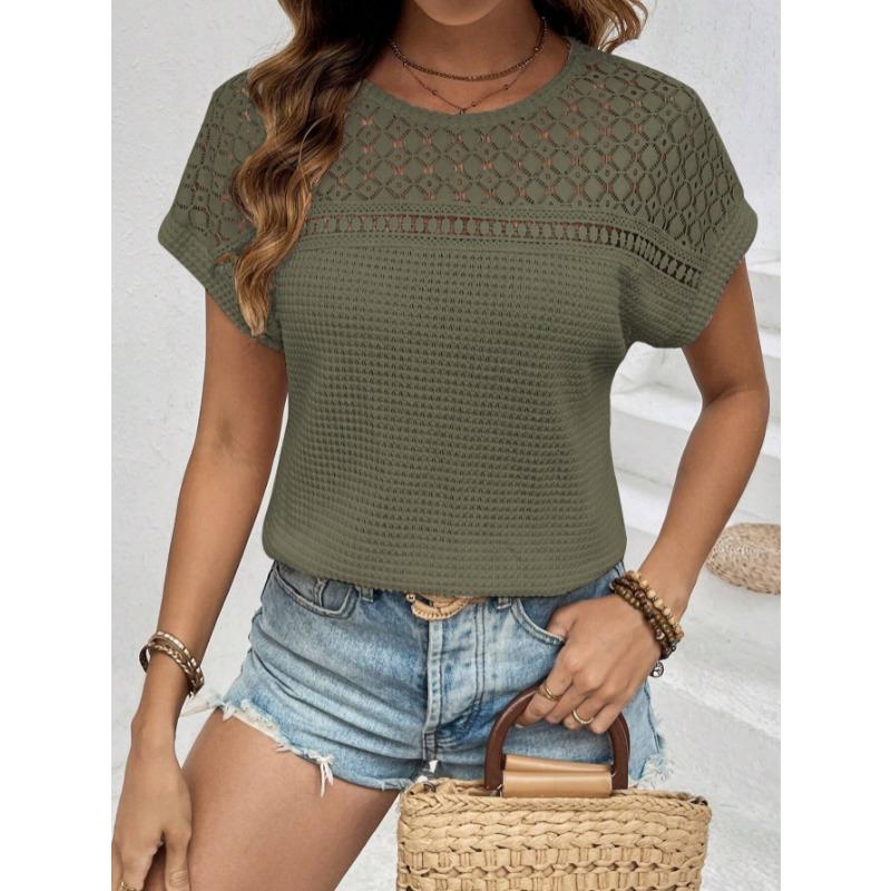 Fashion Round Neck Summer Lace Blouses New Short Sleeve Hollow Out Loose Shirts Women Elegant Breathable Vintage Women Casual Solid Ladies Tops 3493