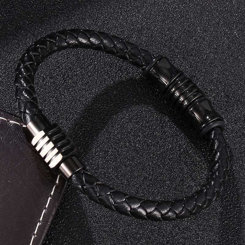 Fashion Jewelry of Men Genuine Leather Bracelet Black Creative Design Stainless Steel Buckle Man Charm Bangle