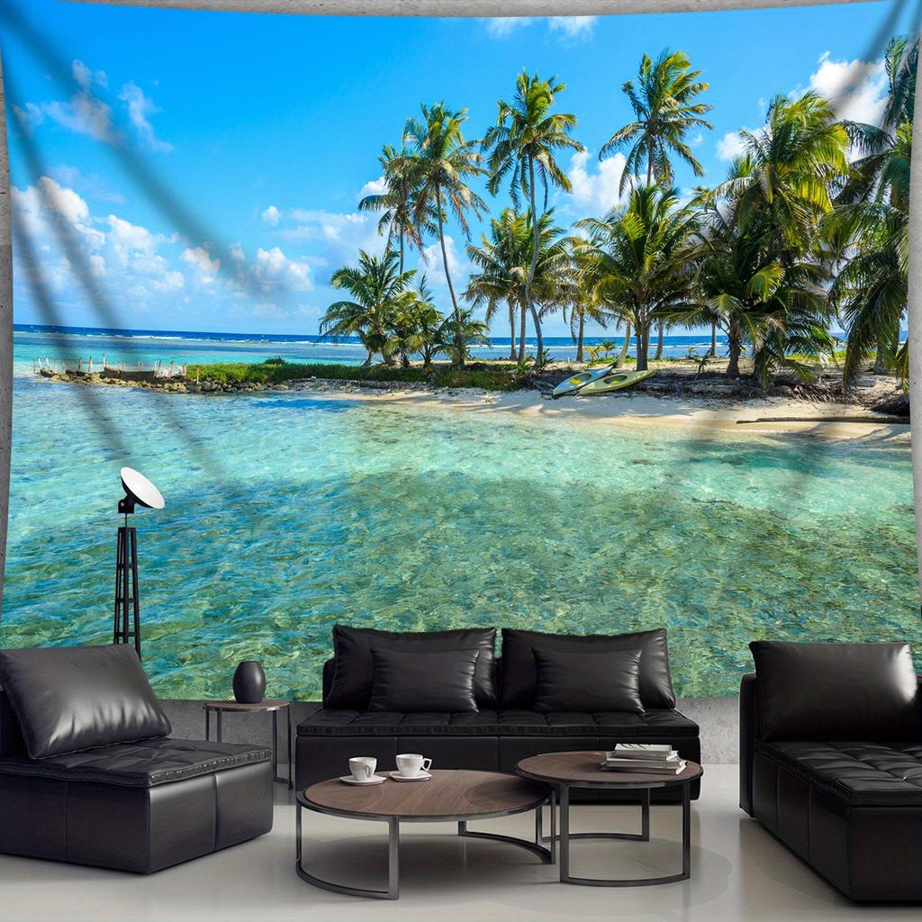 [Tropical Tapestry] 1pc Extra Large Tropical Island Coconut Tree Landscape Photo Digital Print Tapestry | Polyester Aesthetic