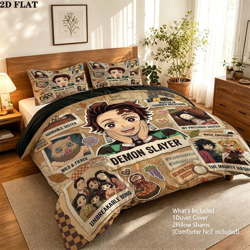 Demon Slayer Kimetsu No Yaiba Pattern Bedding Quilt Set Quilt Cover Pillowcase Home Birthday Gift(1 * Duvet Cover + 2 * Pillowcase, Without Core)