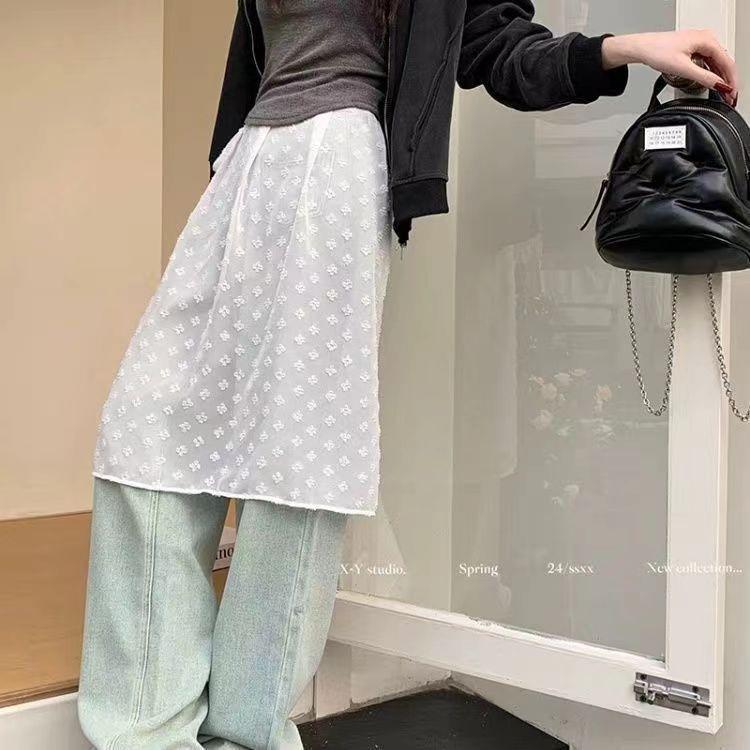 Gładka Przezroczysta Warstwowa Spódnica Midi z Wysokim Stanem, Wiązana i z Koronkowymi Detalami