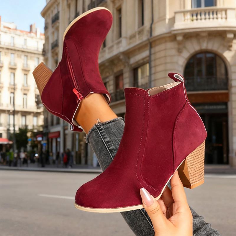 Autumn and Winter New Round Toe Solid Color High Heel Short Tube Side Zipper Fashion Boots Women