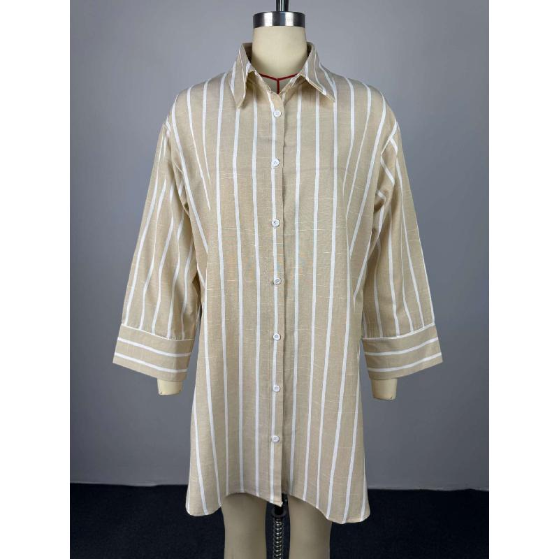 Women's 2026 Summer New Fashionable Turn-down Collar Buttoned Loose Striped Long Sleeve Mid-length Shirt