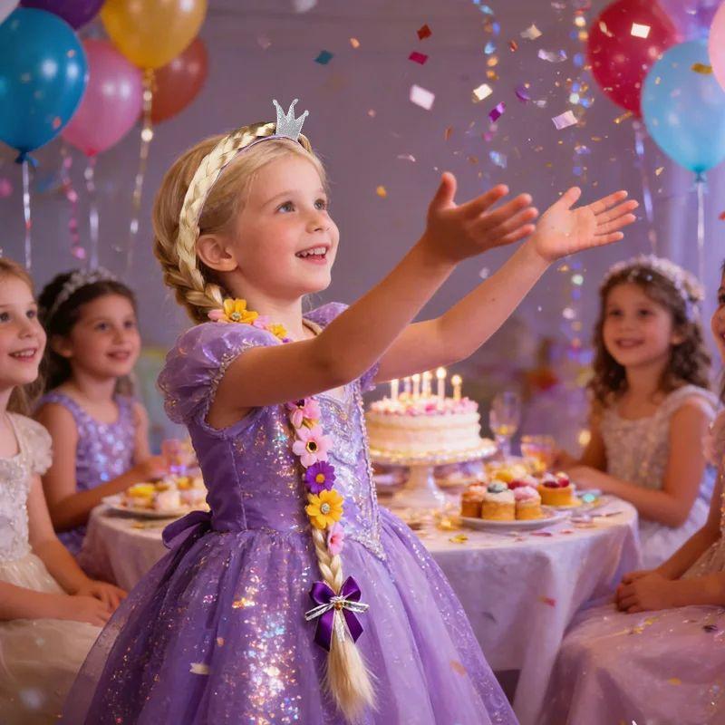 Girls Rapunzel Long Hair Princess Headwear Set Braided Crown Bow Accessories Dress Matching for Birthday DIY Party Supplies
