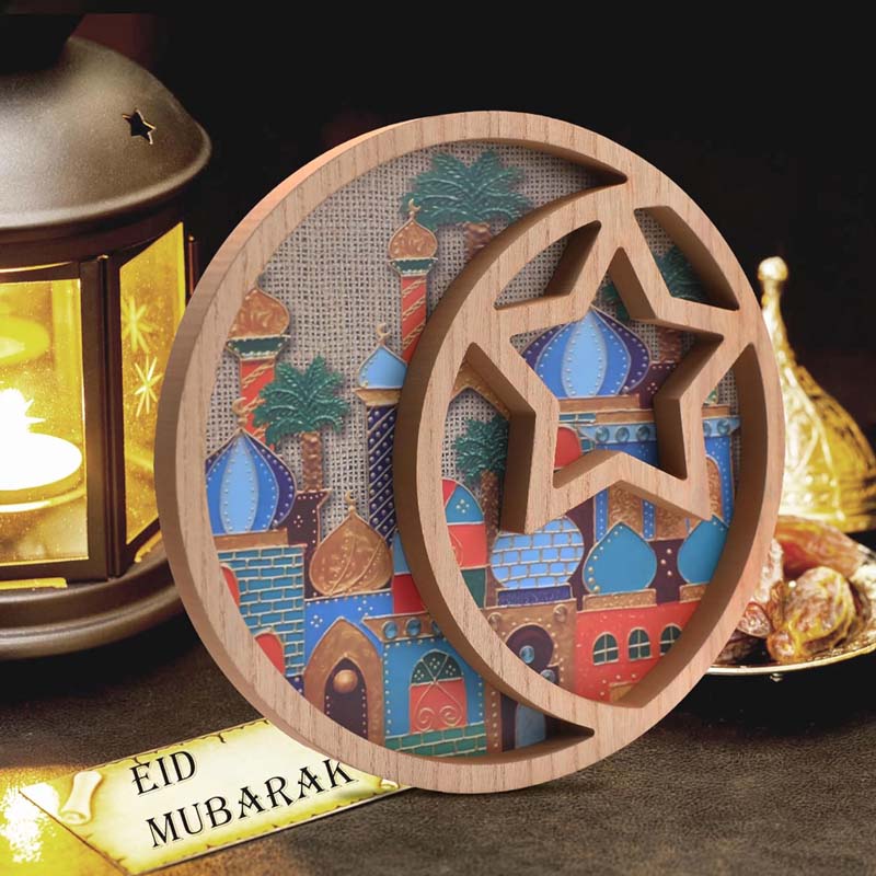 Ramadan Moon Star Serving Tray - Eid Cupcake Candy Plates Mubarak Religious Painting for Family Party Wooden Decorations