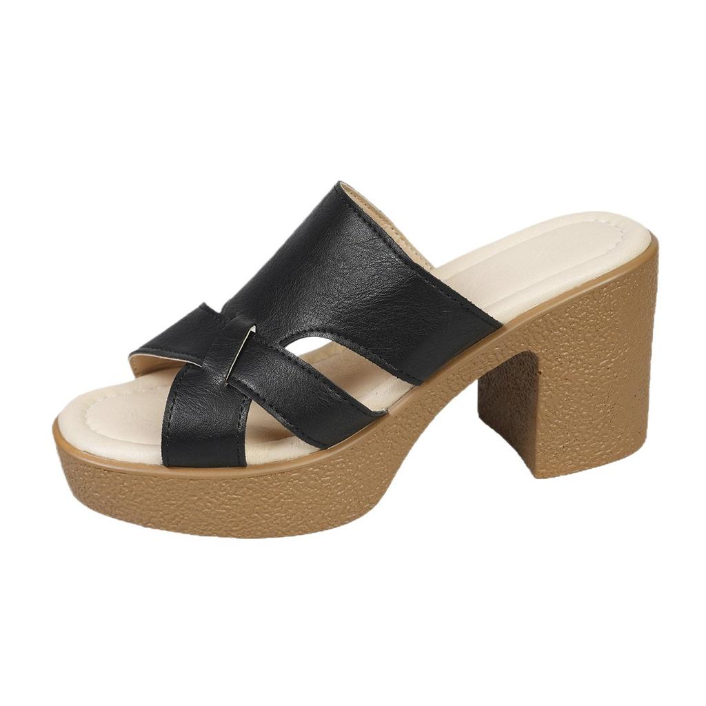 Foreign trade high-heeled cool slippers summer new European and American waterproof table large size one-word solid color thick-heeled slippers spot