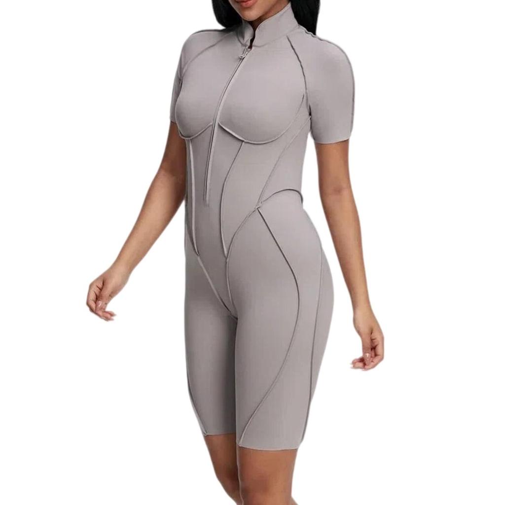 High-End Comfort Sports Yoga Tight-Fit Zipper Short Sleeve Jumpsuit