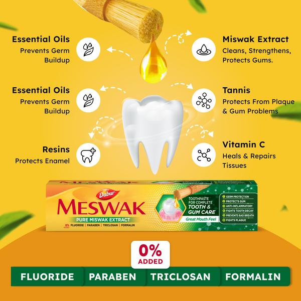 Dabur Dentifrice Meswak Soin Buccal Complet 100g | Extrait d'Herbes Miswak | Protection Caries, Soin des Gencives, Élimination de la Plaque & Haleine Fraîche | Sans Fluor