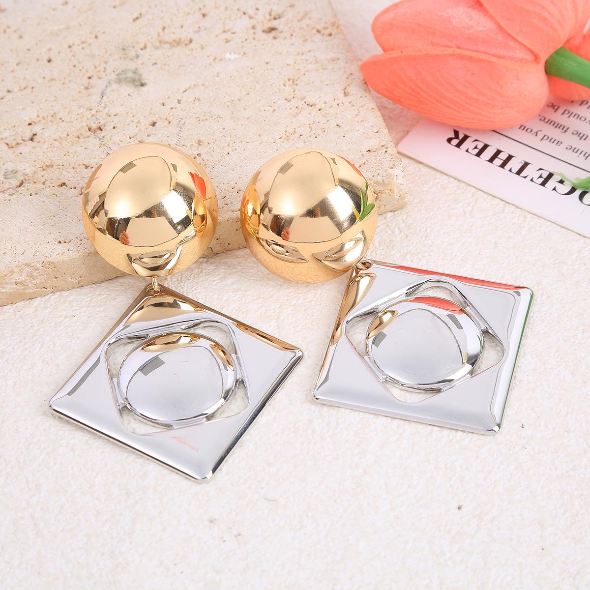 Gold & Silver Geometric Square Rhombus Earrings: Stylish European & American Design with Crystal Accents