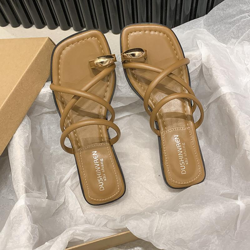 Aphixta Metalen Gesp Dec Dames Teenslippers Zomer Strand Slippers Smalle Band Schuifsandalen Snoepkleur Zoete Slippers Platte Sandalen