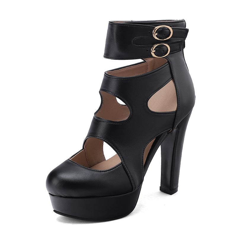 Black Female Sandals Round Toe 12cm Block Heel 3.5cm Platform Zipper Belt Buckles Large Size 48 49 50 Handmade Shoes