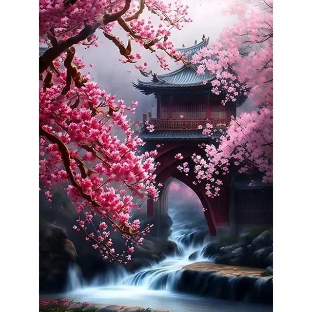5D Diy Diamond Embroidery Sakura Bridge and Palace Diamond Painting Needleworks Cross Stitch Needleworks Home Decor J3479