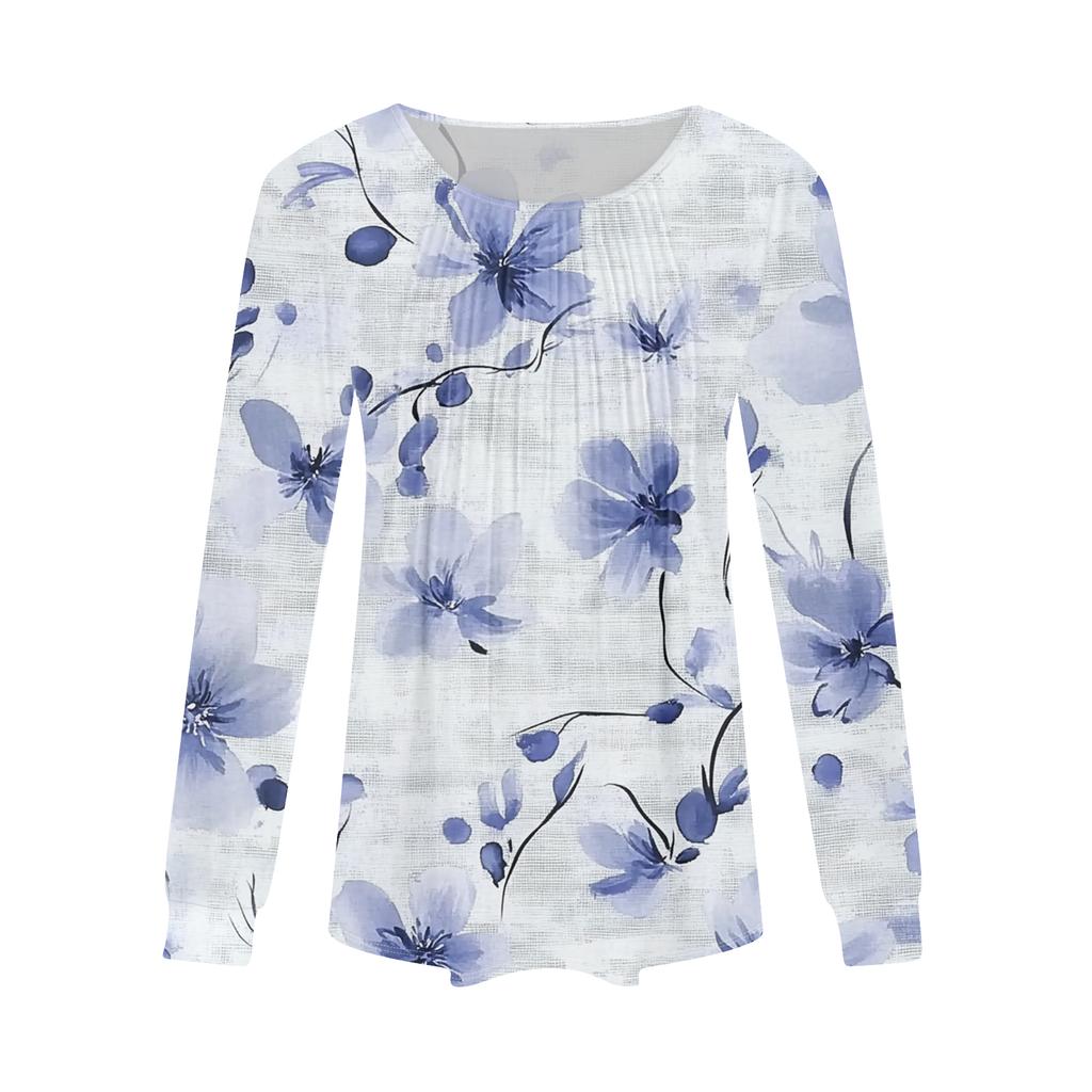 Women's Fashion Casual Pleated Round Neck Vintage Floral Print Long Sleeve T,Shirt Top