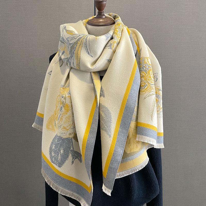 Autumn and Winter Scarf Women's New Shawl Outer Layer High End Peony Flower Scarf Office Blanket Imitation Cashmere Thickened Warm