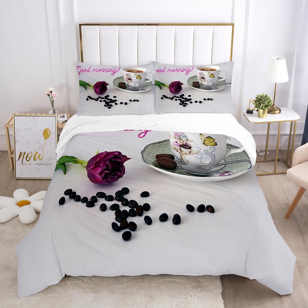 Buon Mattino Set Copripiumino Stampa 3D Pane Caffè Colazione Poliestere Copripiumino King Queen Matrimoniale per Set Letto Adolescenti