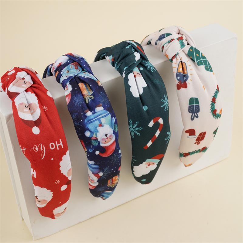 Christmas Print Cloth Knot Hairbands for Women Girls Shopping Party Holiday Headpiece Fashion Ladies Head Hoop