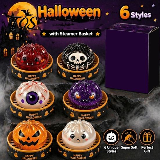 Stress Reduction Sensory Toy 1/6Pcs Halloween Dumpling Relief Toy, Devil Pumpkin Eyeball Skeleton Squeeze Shaped Anxiety Dough Bun Fidget with
