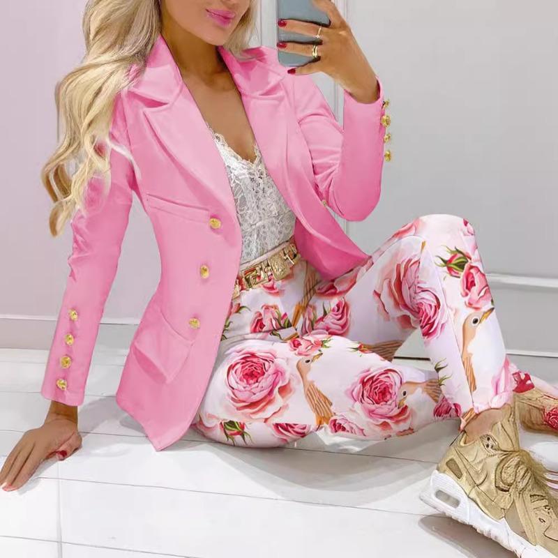 VEZFAA Women's Fashion Casual Spring Autumn Long Sleeve POLO Neck Trousers Pants Suits