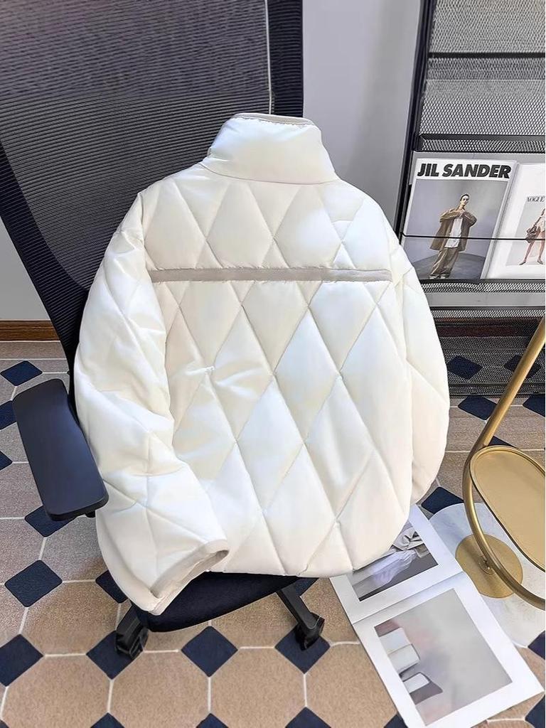 Unisex Retro Diamond Lattice Stand Collar Padded Winter Jacket