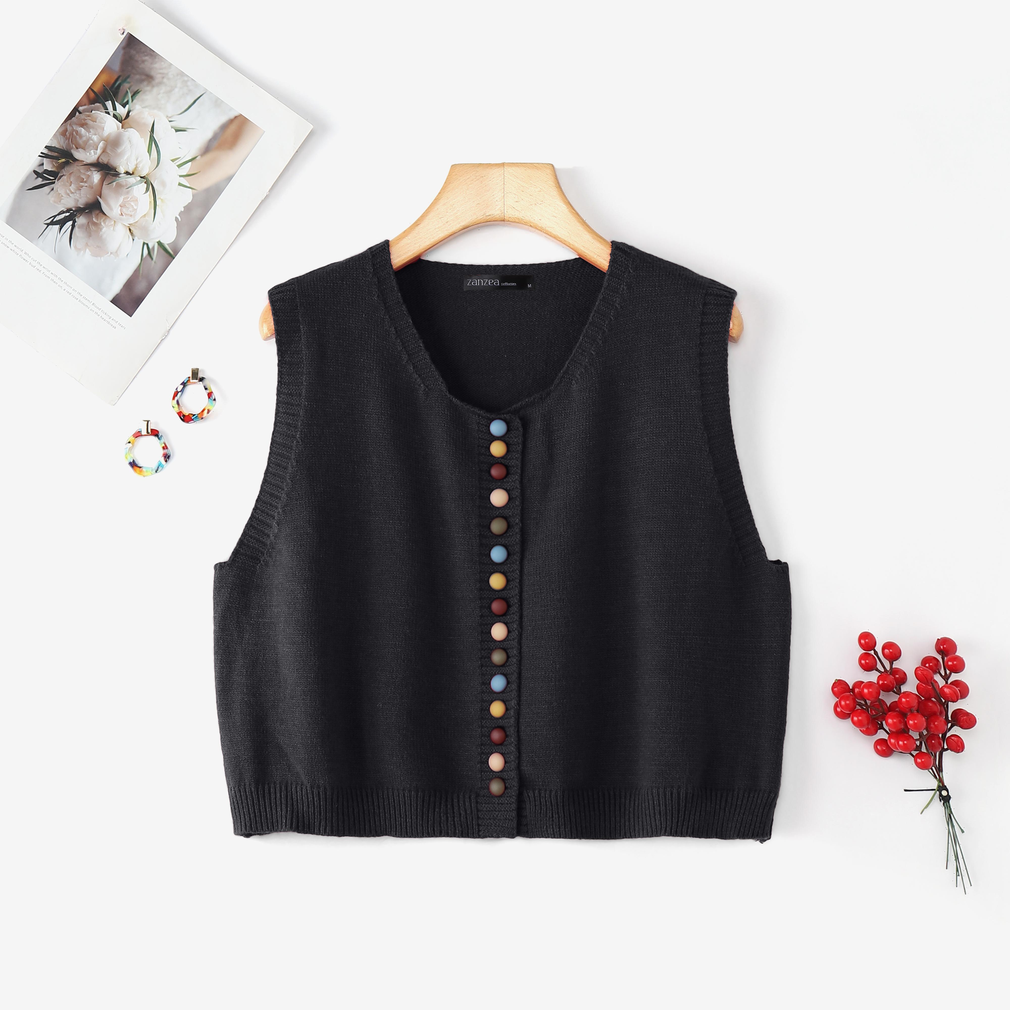 

ZANZEA Women V Neck Sleeveless Colorful Buttons Casual Knitted Cropped Vest Tops L чёрный