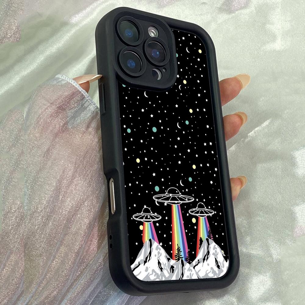 JT444 Радужные горы инопланетяне космический корабль для iPhone 17 16 15 14 13 Pro Max Samsung S26 S25 Ultra A17 A07 A56 A16 A15 Xiaomi 15T Redmi 15c Мягкий чехол for iPhone 5/5s чёрный