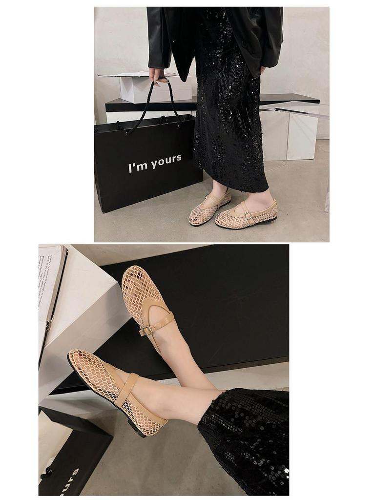 Damen Frühling Runde Zehenpartie Mesh Schnalle Mary Jane Ballerinas - Bequeme Ballett Fischernetz Schuhe