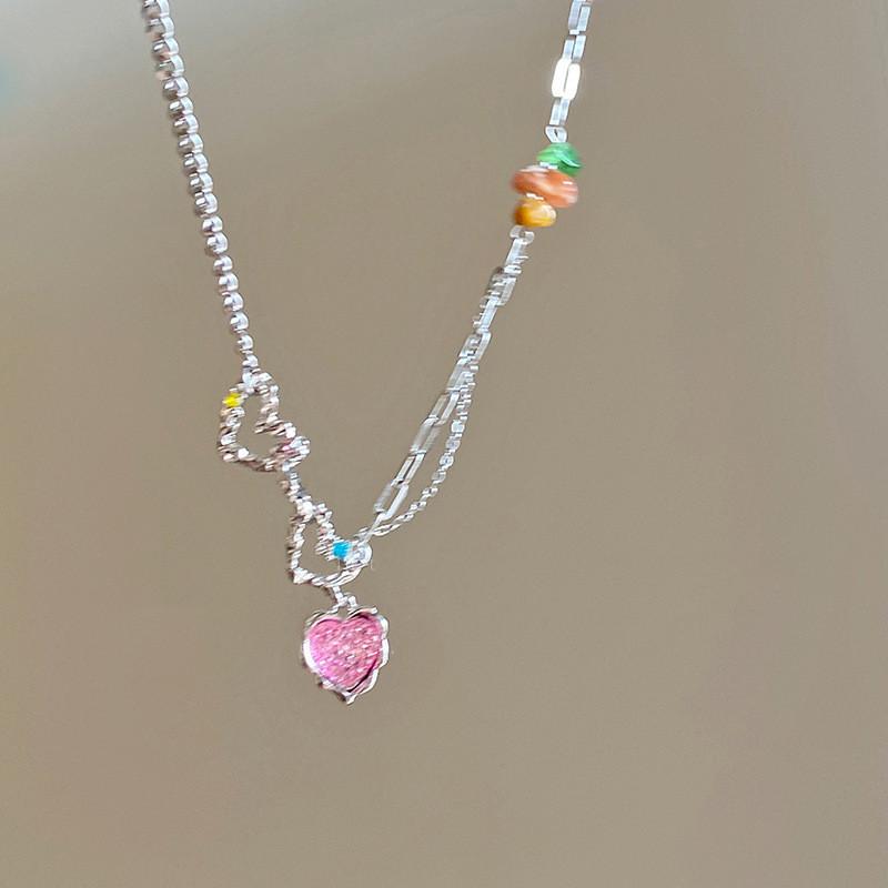 iF ME Sweet Pink Heart Necklace Colorful Stone Zircon Silver Chain Choker for Women Jewelry Accessories