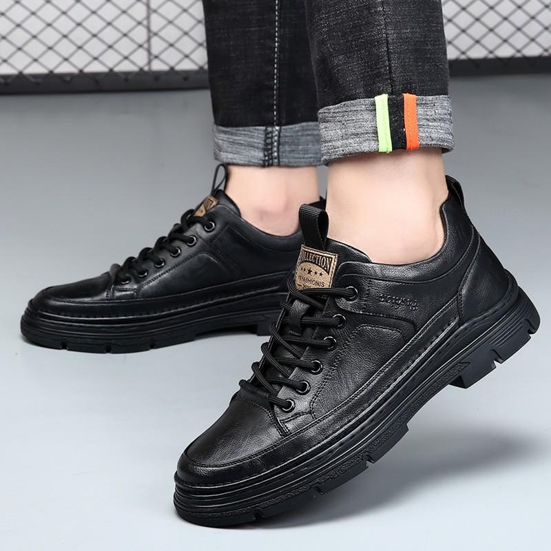 Mens Casual Leather Shoes 2026 Trendy British Style Round Toe Low Cut Soft Sole
