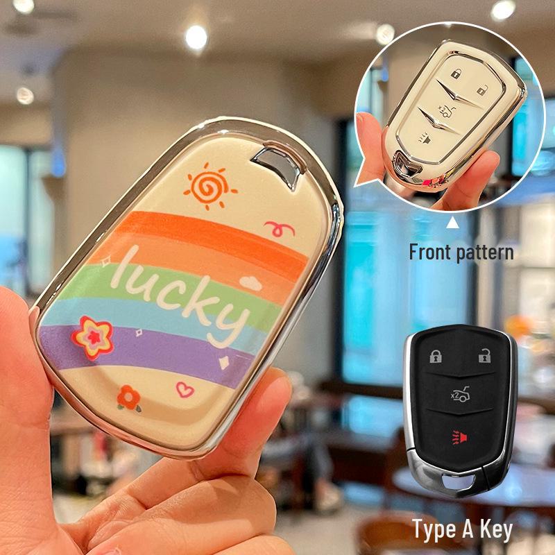 Cadillac CT5 Rainbow Cartoon Pattern Key Cover: Full Package TPU Protective Shell for XT5/XT4/XT6 Model.