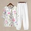 2 Pcs/Set Women T-shirt Pants Set Flower Print Elastic Waist Half Sleeves Round