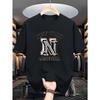 European Size Men'S Casual Crew Neck T-Shirt, New York Basketball Print,  , Slight Stretch, Summer Sports Leisure Style, Fashionable Round Neck Top