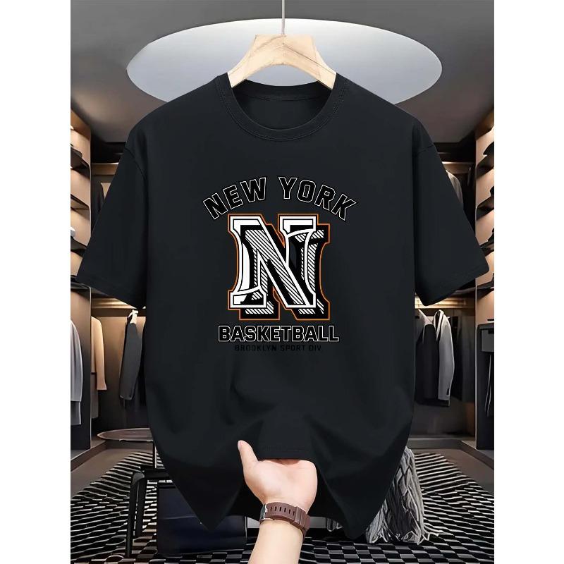 European Size Men'S Casual Crew Neck T-Shirt, New York Basketball Print, , Slight Stretch, Summer Sports Leisure Style, Fashionable Round Neck Top
