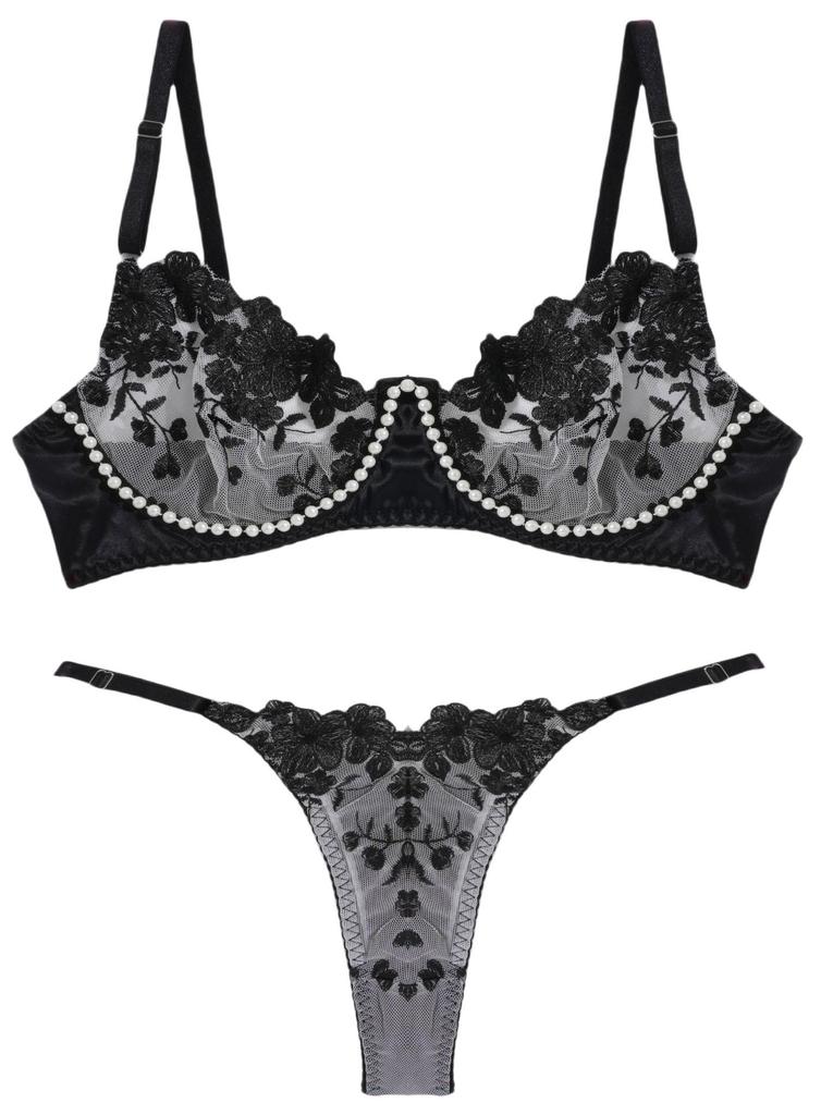 Panegy Sexy Bra and Panty Padless Lace Bra and Lingerie with Floral Beautiful Size L Women's Set, Ultra-Thin Underwear, Thongs, See-Through