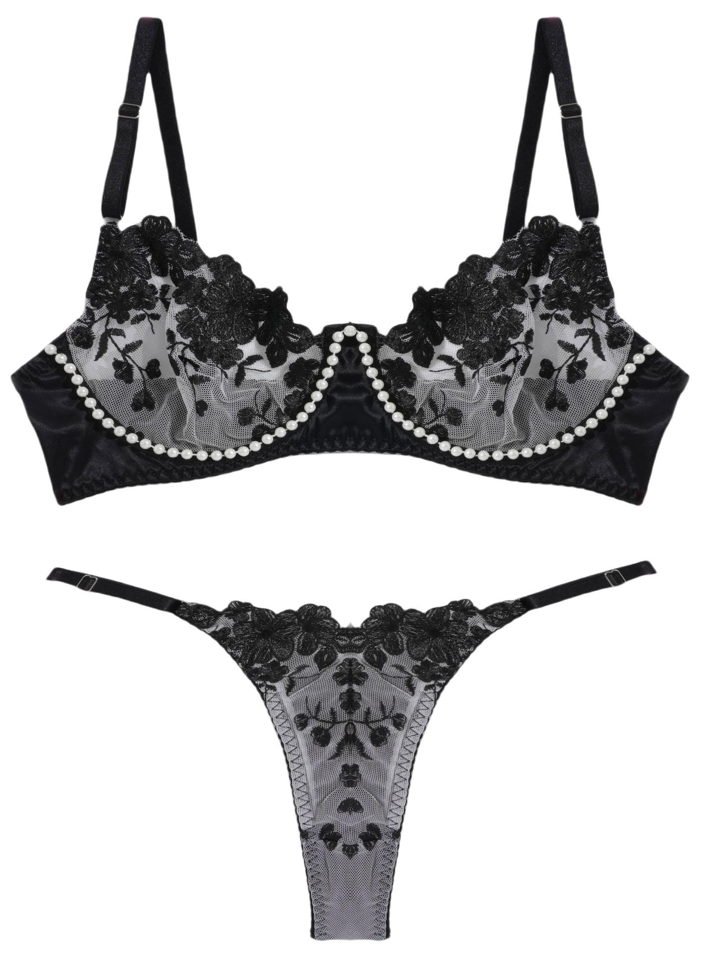 

Panegy Сексуальный бюстгальтер и трусики Кружевной бюстгальтер без косточек и нижнее белье с цветочным рисунком Красивый размер M Женский комплект, Ультратонкое нижнее белье, Стринги, Прозрачный чёрный