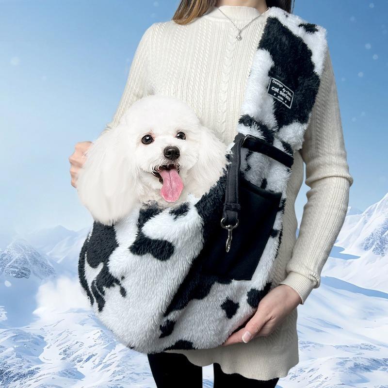 

Plush Dog Bags Cow Print Pet Sling Bag Faux Fur Crossbody Carrier for Small Dogs Cats Soft Warm Portable Travel Bag белый