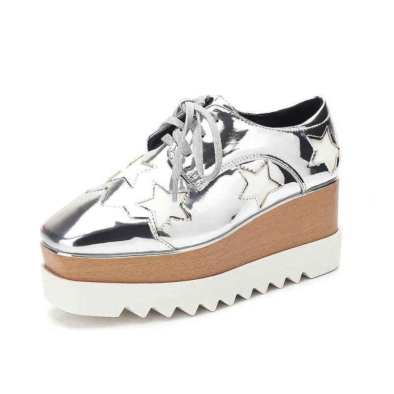 Fashion Shoes Cswo01 Women's Stars Chunky Platform Brogue Shoes Lace Up Thick Sole Patent Leather Shoes Woman Non Slip Wedges Oxford Flats Cm