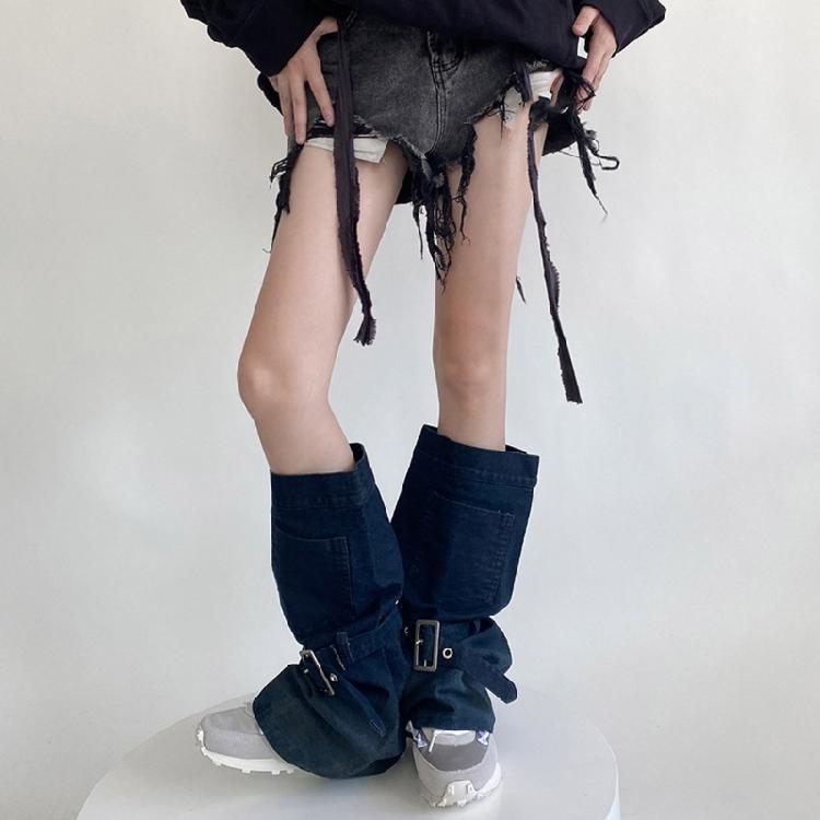 Women Japanese Punk Buckle Strap Leg Warmers Harajuku Aesthetic Streetwear Baggy Loose Denims Leg Sleeve Foot Covers