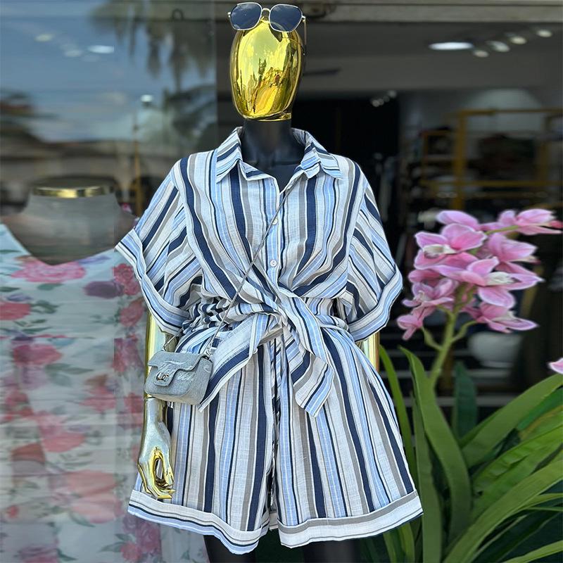 European & American Women's Striped Short-Sleeve Shirt & High-Waisted Shorts Set - Summer 2026 Collection