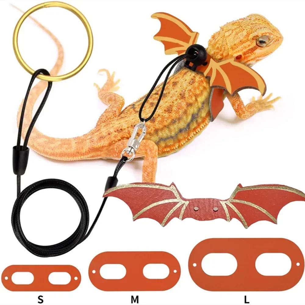 2024 New 3 Pcs Adjustable Bearded Dragon Leash With Bat Wings Soft Leather Lizard Harness For Amphibians And Other Small Reptile