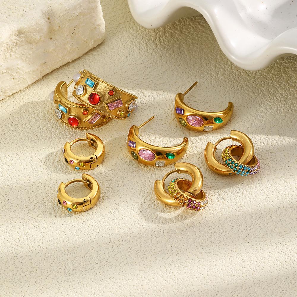 18K Gold Plated Geometric Light Luxury Earrings with Titanium Steel, Colored Diamond, and Pearl Moon Design for Women