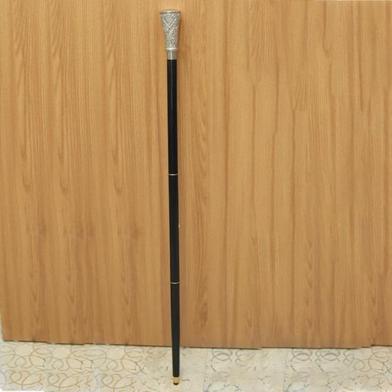 Floral Embossed Silver Tone Walking Cane Gentleman's Detachable Black Wooden Stick