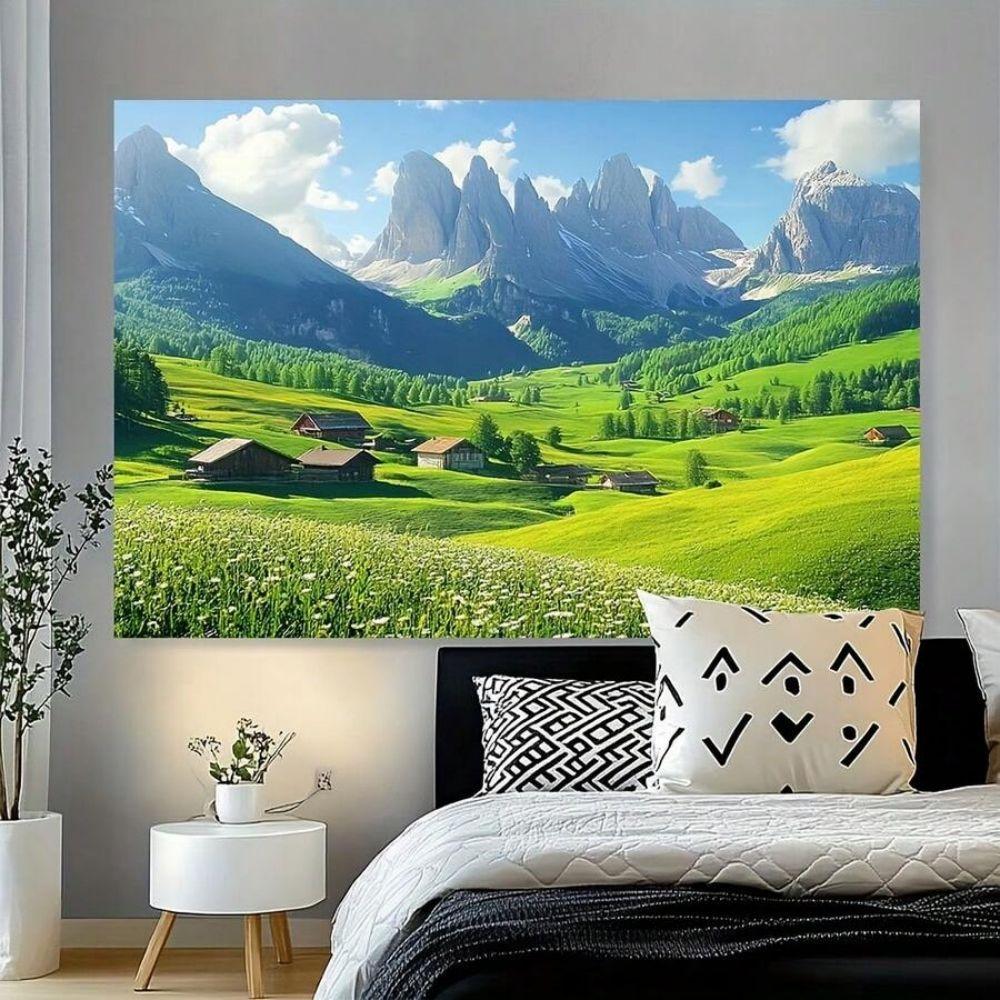 VIKAMA Alpenthal Wandteppich Bergwiesen Landschaft Wanddekoration Wohnzimmer Schlafzimmer Studentenwohnheim Wandteppich Heimdekoration