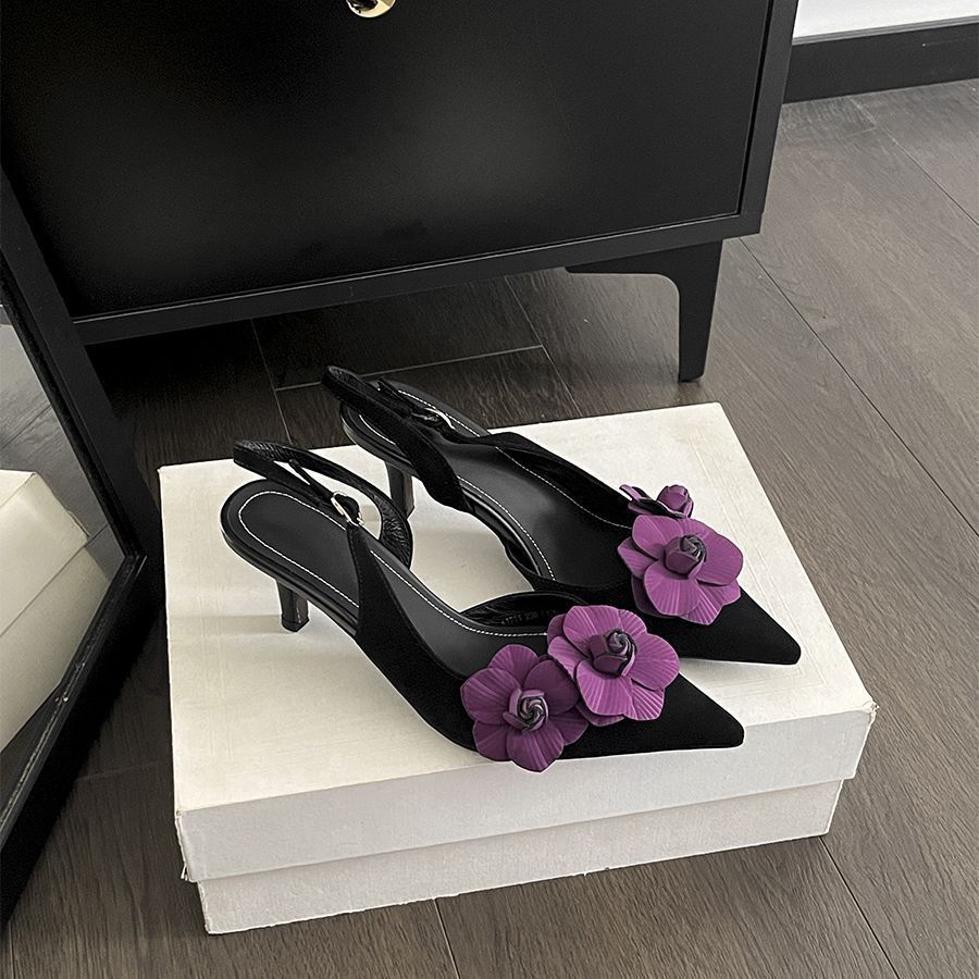 Pointed Side Empty Word with High Heels 2025 Summer New French Retro Style Flower Thin Heel Beautiful Sandals Women