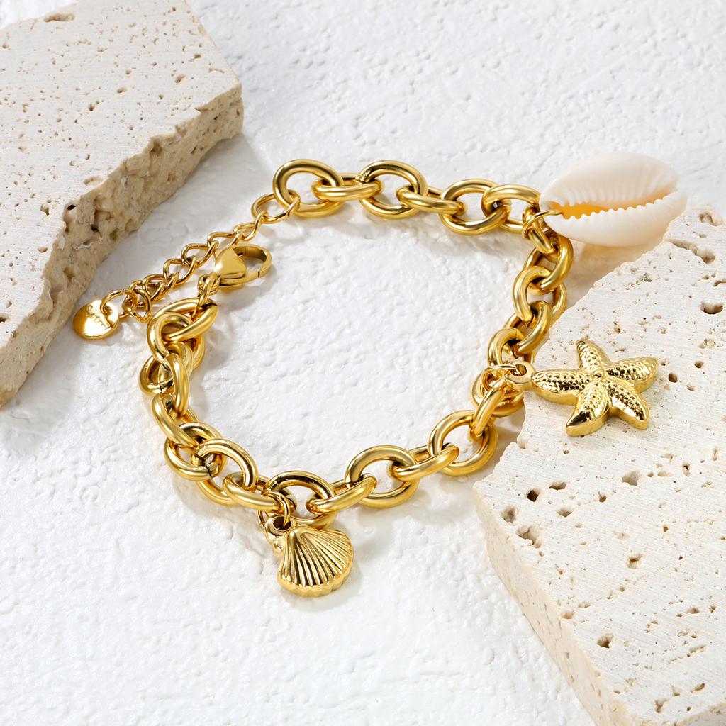 Summer Waterproof Ocean Bracelet For Women With Shell And Starfish Decor In Gold Tone Elegant Accessory