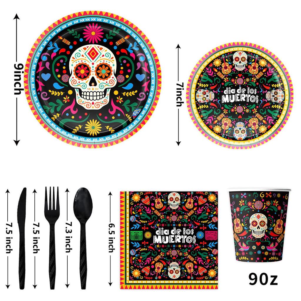 Day of the Dead Party Set: Skull Plates, Napkins, Cups & Flags
