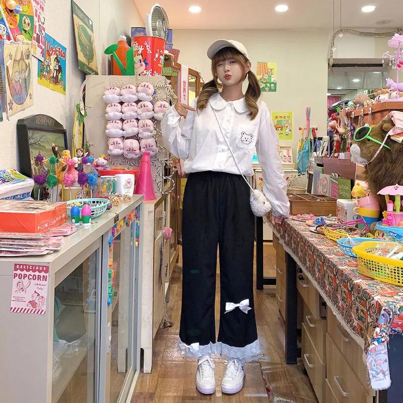 Kobiety Kawaii wysokiej talii sztruksowe spodnie urocza kokardka koronkowe spodnie szerokie nogawki dziewczęce ubrania w stylu Vintage luźne słodkie spodnie