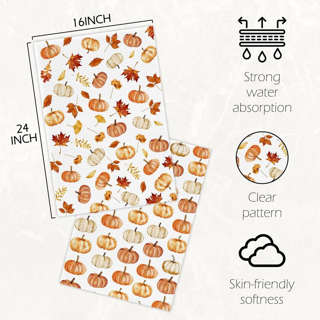 Fall Pumpkin Maple Leaves Towels, Farmhouse Autumn Pumpkin Hand Towels for Bathroom Decor, Rustic Fall Harvest Thanksgiving Dishcloths Dish Towel for