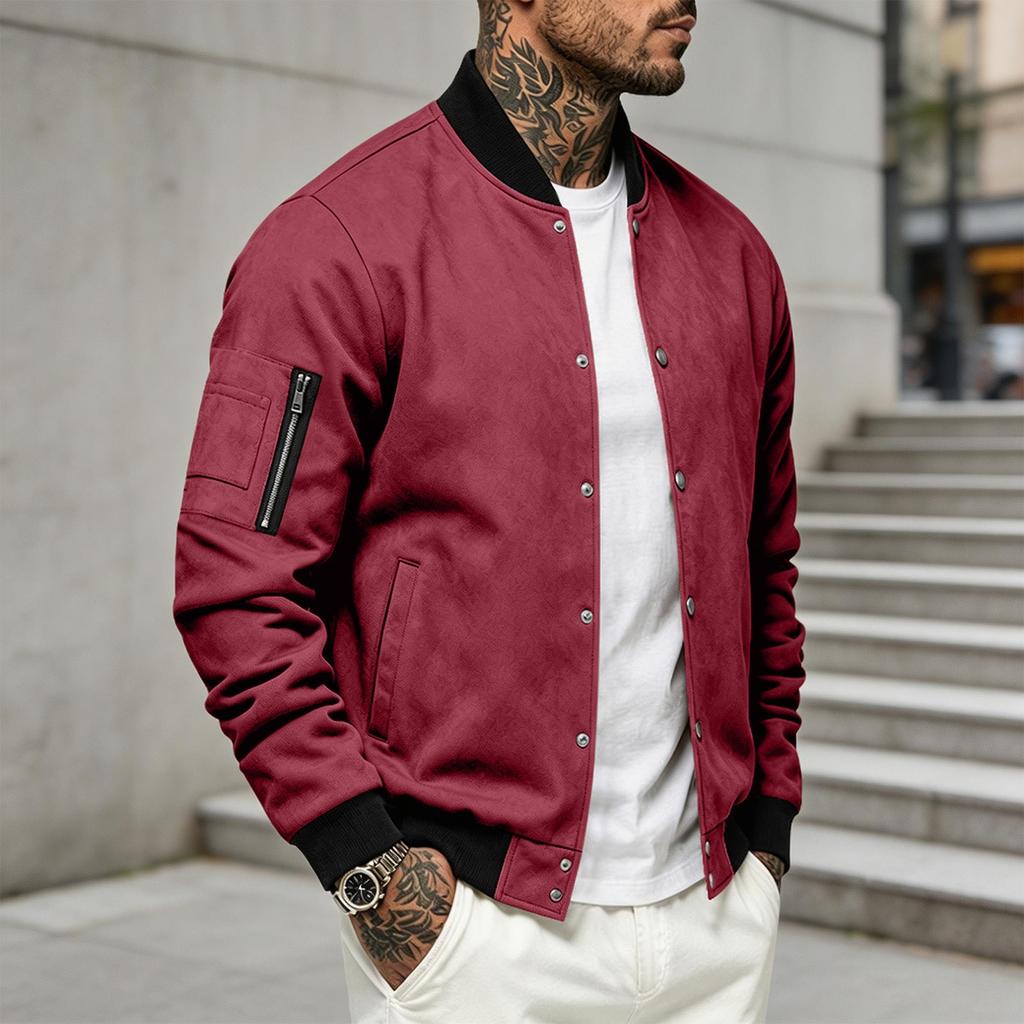 Men's Jacket with Stand Collar Long Sleeve Button Front Color Casual Cardigan Coat