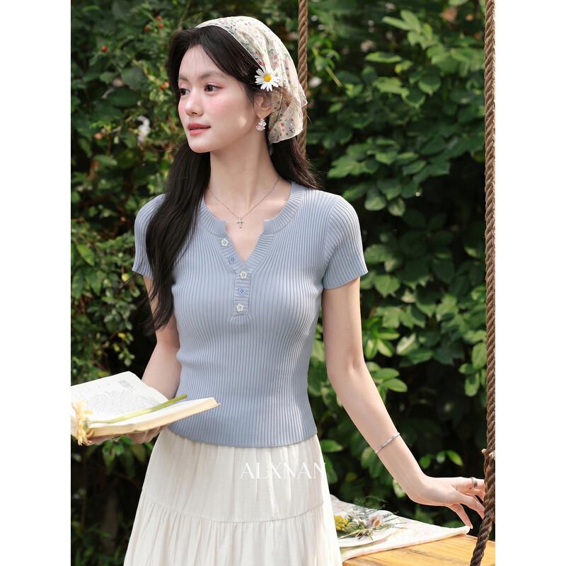 Luxiangnan Mist Blue Flower Note V-Neck Slimming T-Shirt S