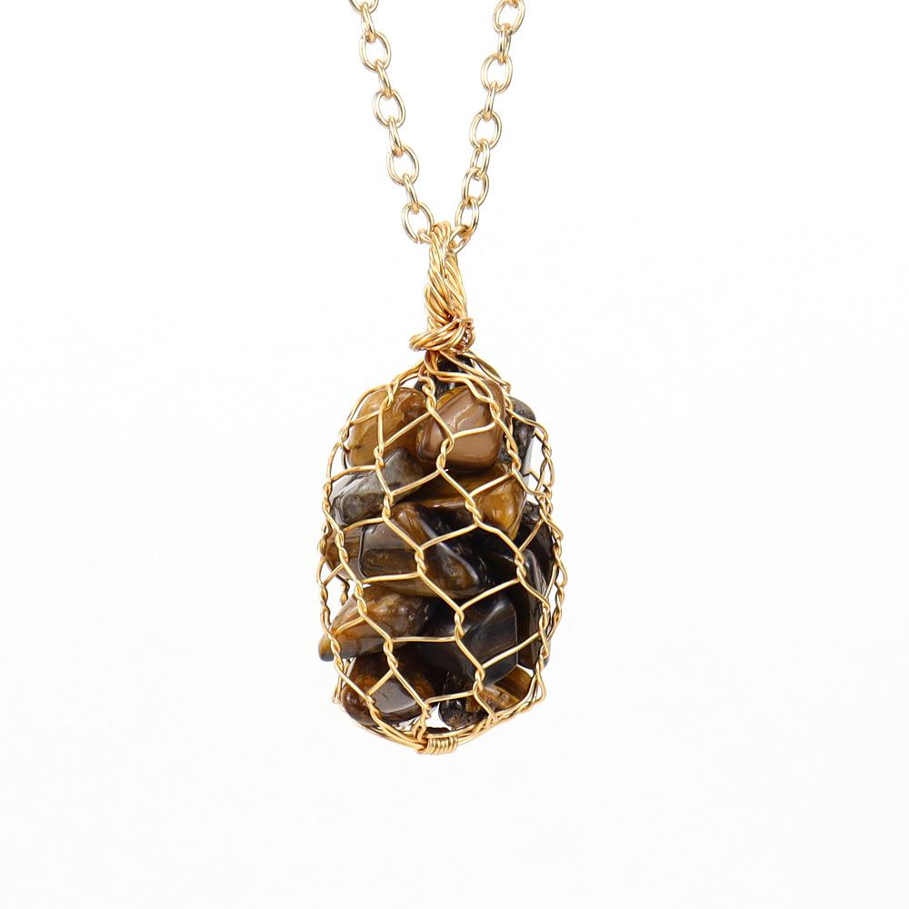 Natural Colorful Crystal Gravel Amethyst Copper Wire Hand-Woven Mesh Pocket Pendant Necklace N657